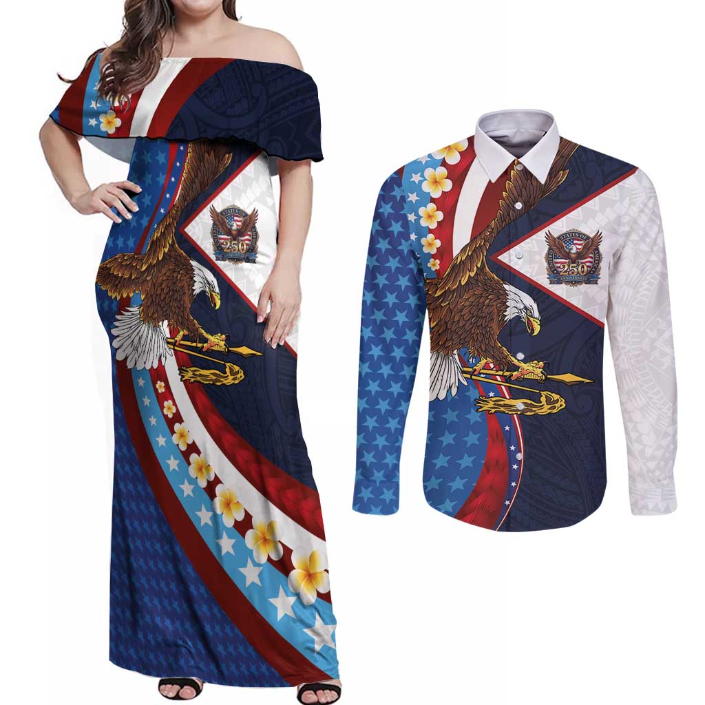 American Samoa and United States Semiquincentennial Couples Matching Off Shoulder Maxi Dress and Long Sleeve Button Shirt Bald Eagle with National Flag Style LT03 Multicolor - Polynesian Pride
