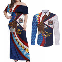 American Samoa and United States Semiquincentennial Couples Matching Off Shoulder Maxi Dress and Long Sleeve Button Shirt Bald Eagle with National Flag Style LT03 Multicolor - Polynesian Pride