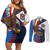 American Samoa and United States Semiquincentennial Couples Matching Off Shoulder Short Dress and Long Sleeve Button Shirt Bald Eagle with National Flag Style LT03 Multicolor - Polynesian Pride