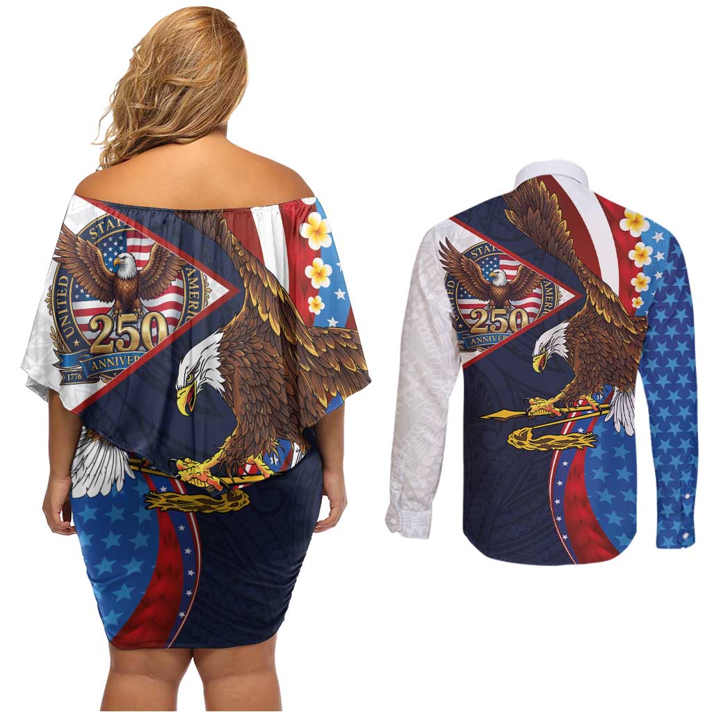 American Samoa and United States Semiquincentennial Couples Matching Off Shoulder Short Dress and Long Sleeve Button Shirt Bald Eagle with National Flag Style LT03 - Polynesian Pride