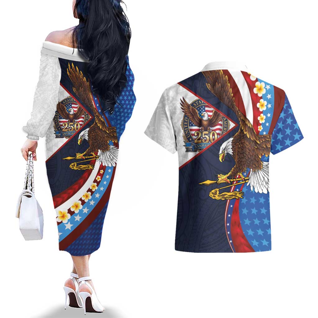 American Samoa and United States Semiquincentennial Couples Matching Off The Shoulder Long Sleeve Dress and Hawaiian Shirt Bald Eagle with National Flag Style LT03 - Polynesian Pride