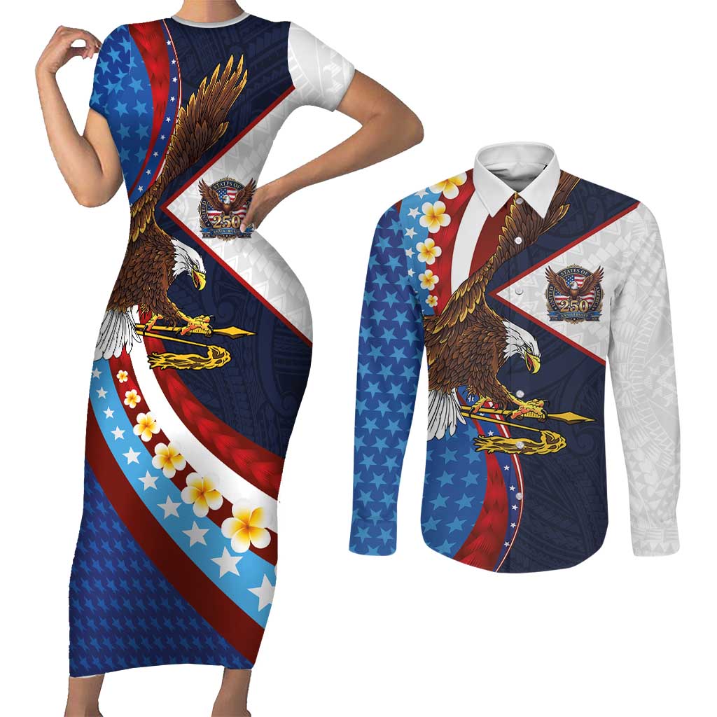 American Samoa and United States Semiquincentennial Couples Matching Short Sleeve Bodycon Dress and Long Sleeve Button Shirt Bald Eagle with National Flag Style LT03 Multicolor - Polynesian Pride