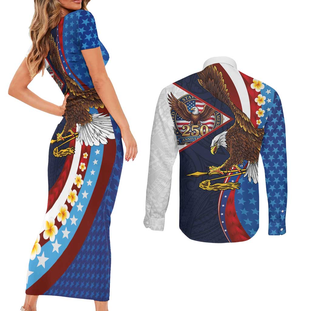 American Samoa and United States Semiquincentennial Couples Matching Short Sleeve Bodycon Dress and Long Sleeve Button Shirt Bald Eagle with National Flag Style LT03 - Polynesian Pride