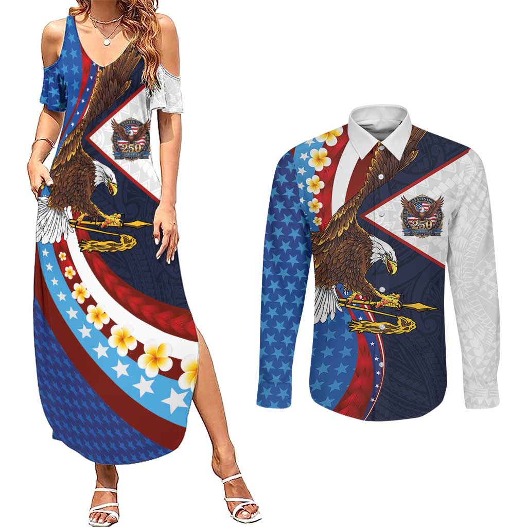 American Samoa and United States Semiquincentennial Couples Matching Summer Maxi Dress and Long Sleeve Button Shirt Bald Eagle with National Flag Style LT03 Multicolor - Polynesian Pride
