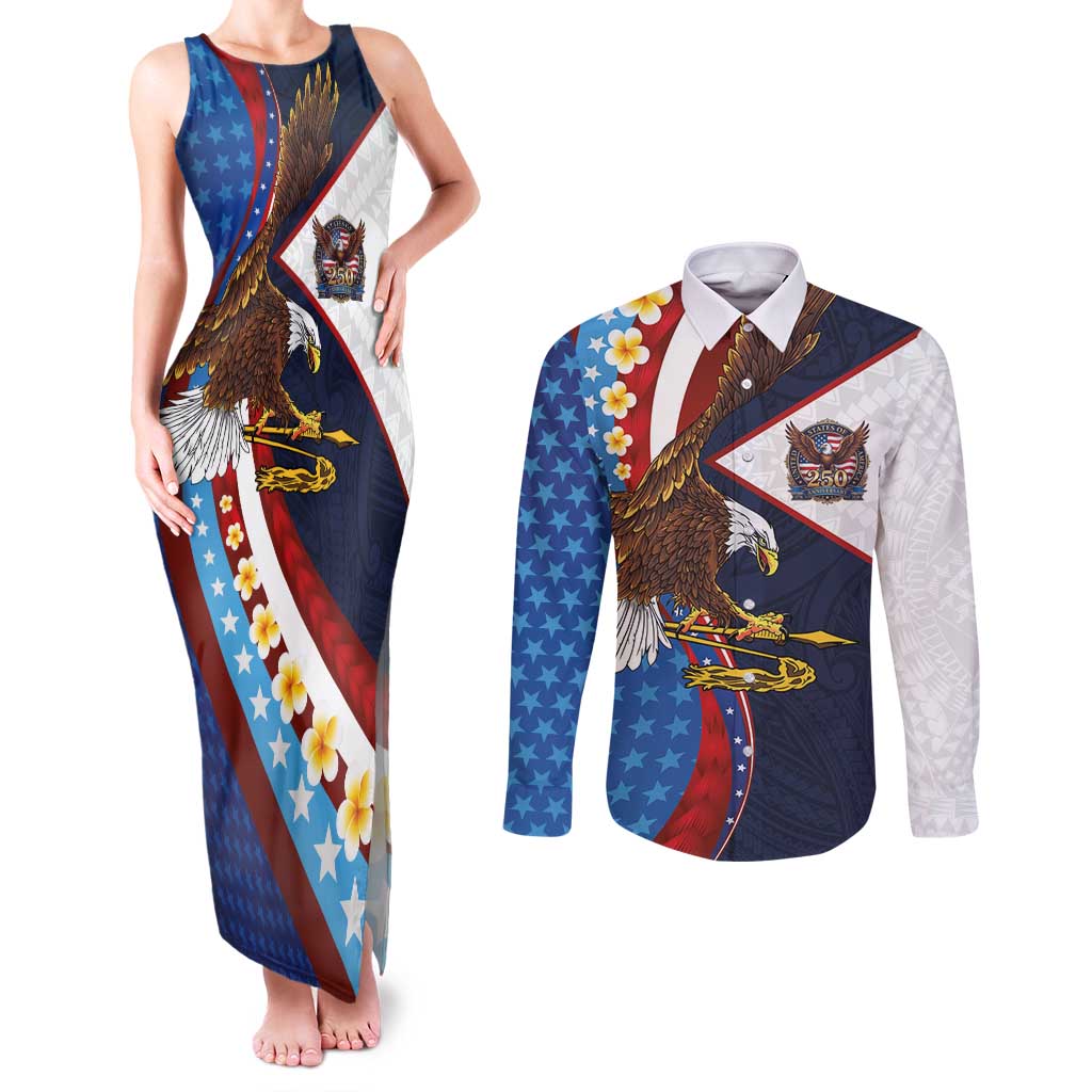 American Samoa and United States Semiquincentennial Couples Matching Tank Maxi Dress and Long Sleeve Button Shirt Bald Eagle with National Flag Style LT03 Multicolor - Polynesian Pride