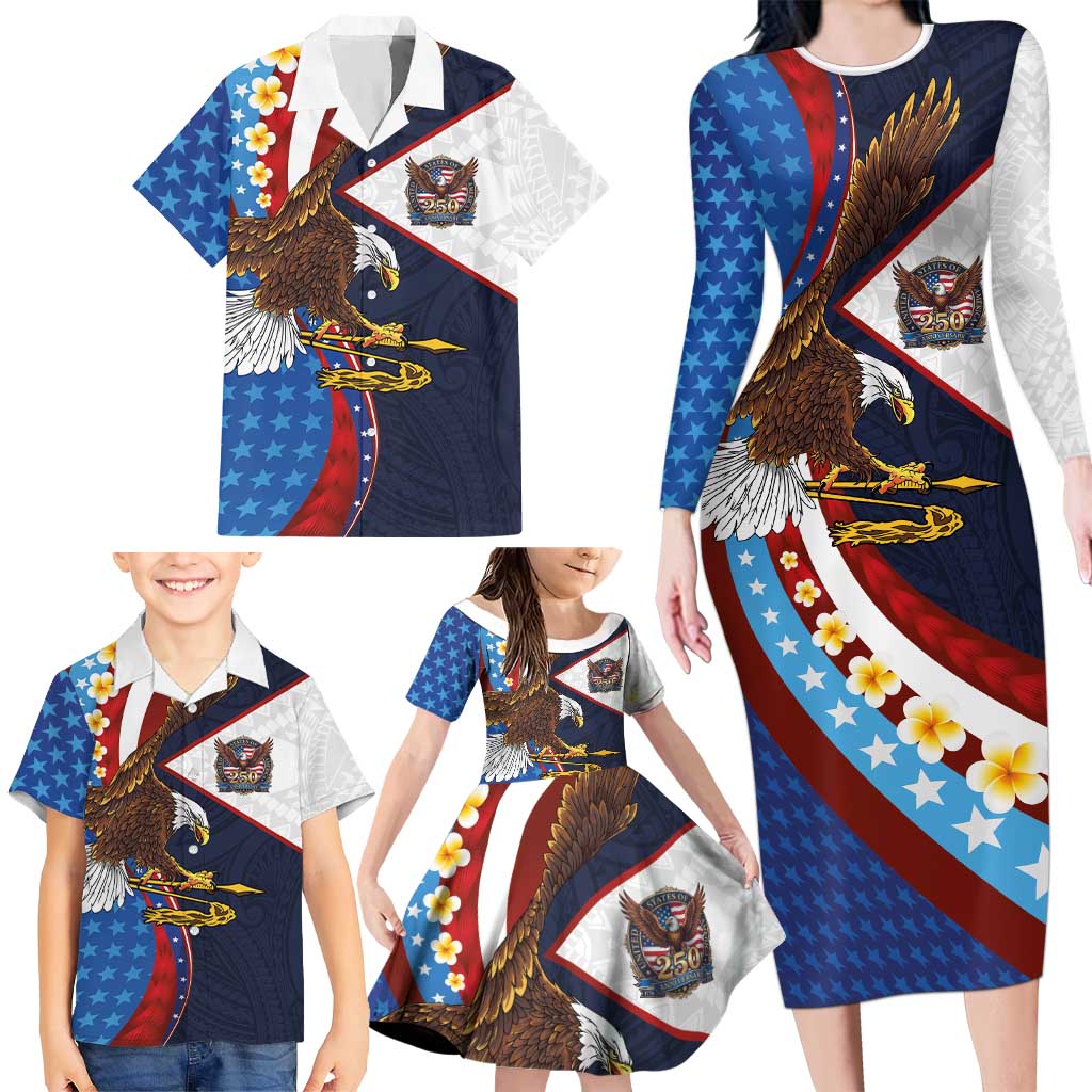 American Samoa and United States Semiquincentennial Family Matching Long Sleeve Bodycon Dress and Hawaiian Shirt Bald Eagle with National Flag Style LT03 - Polynesian Pride
