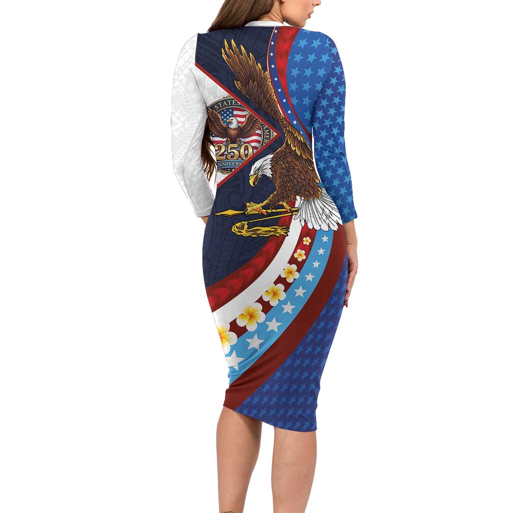 American Samoa and United States Semiquincentennial Long Sleeve Bodycon Dress Bald Eagle with National Flag Style