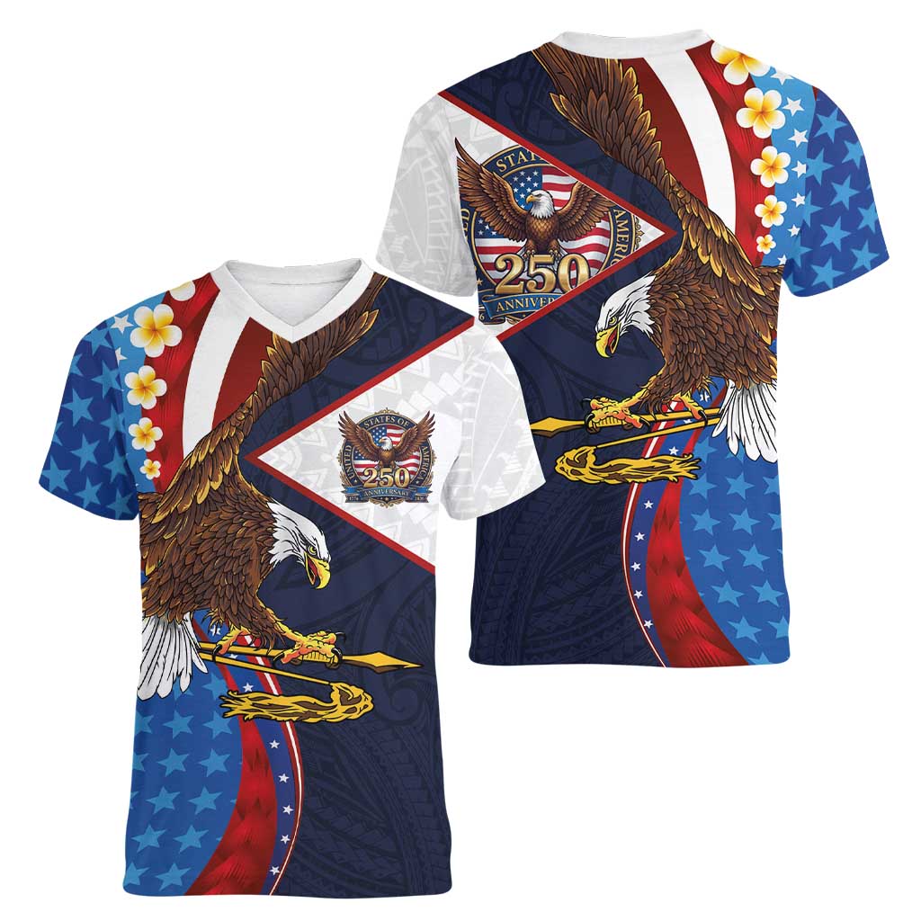 American Samoa and United States Semiquincentennial Women V-Neck T-Shirt Bald Eagle with National Flag Style LT03 - Polynesian Pride