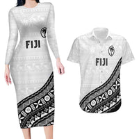 Custom Fijian Rugby Couples Matching Long Sleeve Bodycon Dress and Hawaiian Shirt Tapa Pattern and Palm Tree Tribal LT03 White - Polynesian Pride