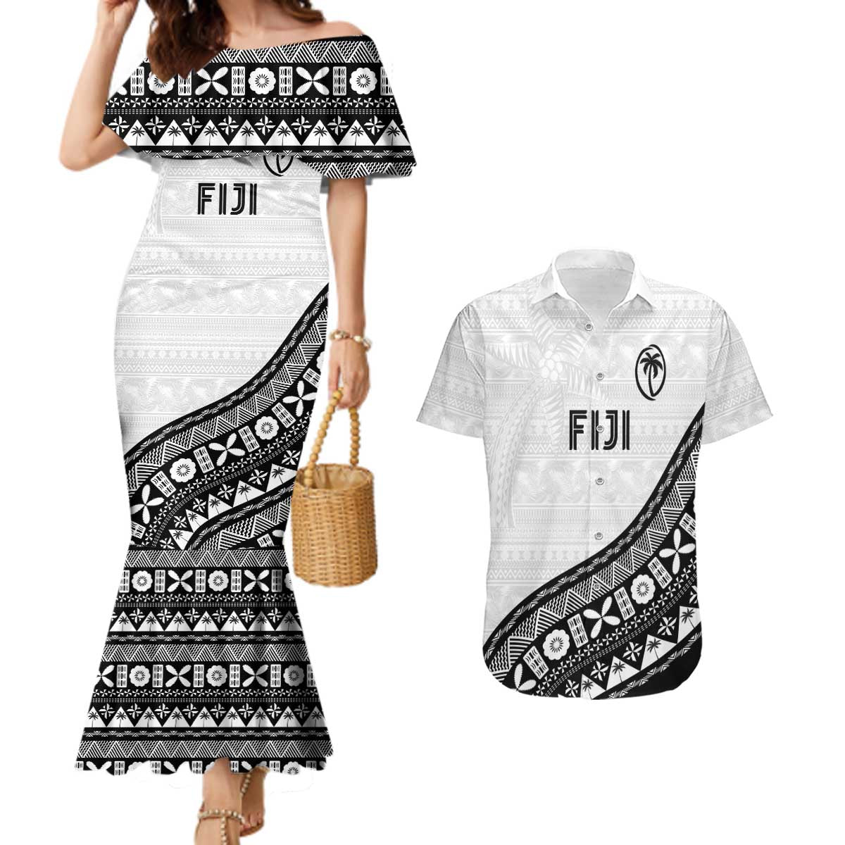 Custom Fijian Rugby Couples Matching Mermaid Dress and Hawaiian Shirt Tapa Pattern and Palm Tree Tribal LT03 White - Polynesian Pride