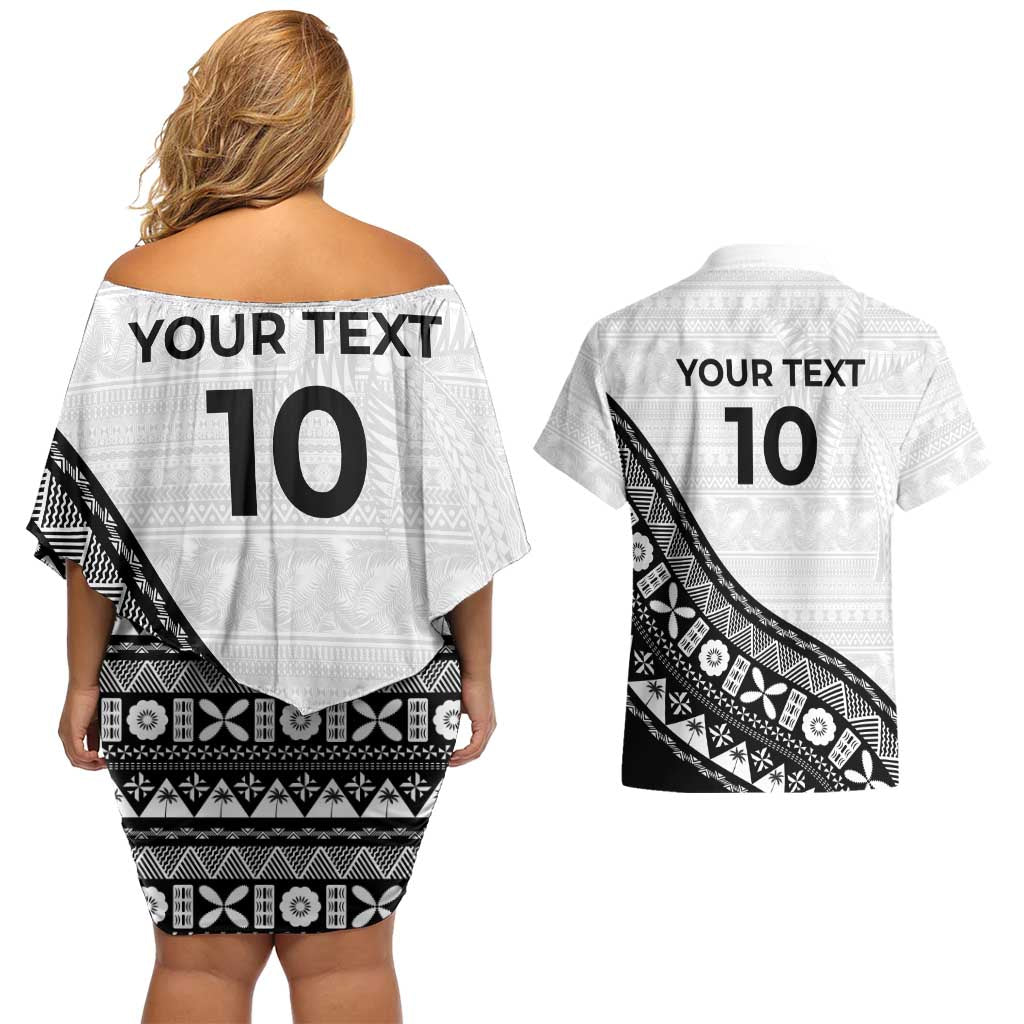 Custom Fijian Rugby Couples Matching Off Shoulder Short Dress and Hawaiian Shirt Tapa Pattern and Palm Tree Tribal LT03 - Polynesian Pride