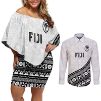 Custom Fijian Rugby Couples Matching Off Shoulder Short Dress and Long Sleeve Button Shirt Tapa Pattern and Palm Tree Tribal