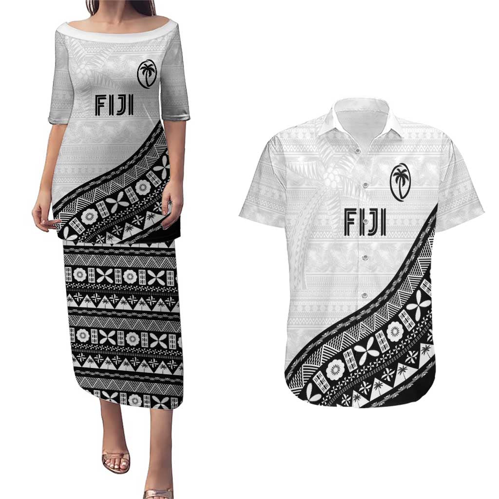 Custom Fijian Rugby Couples Matching Puletasi and Hawaiian Shirt Tapa Pattern and Palm Tree Tribal