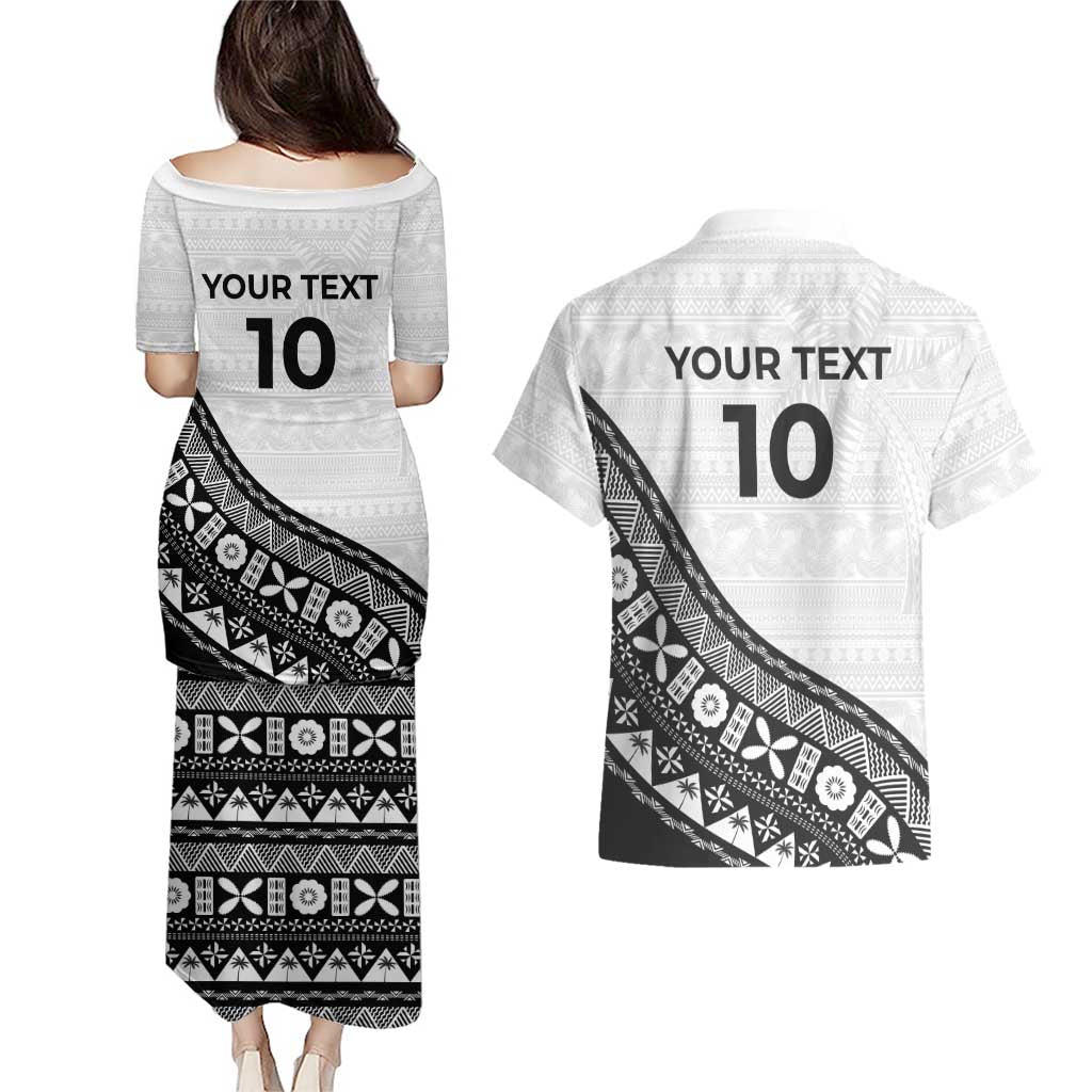 Custom Fijian Rugby Couples Matching Puletasi and Hawaiian Shirt Tapa Pattern and Palm Tree Tribal