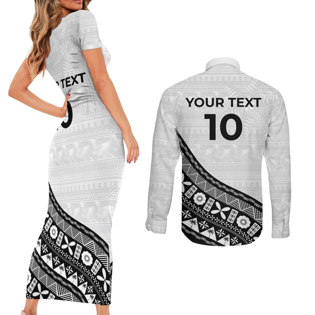 Custom Fijian Rugby Couples Matching Short Sleeve Bodycon Dress and Long Sleeve Button Shirt Tapa Pattern and Palm Tree Tribal LT03 - Polynesian Pride