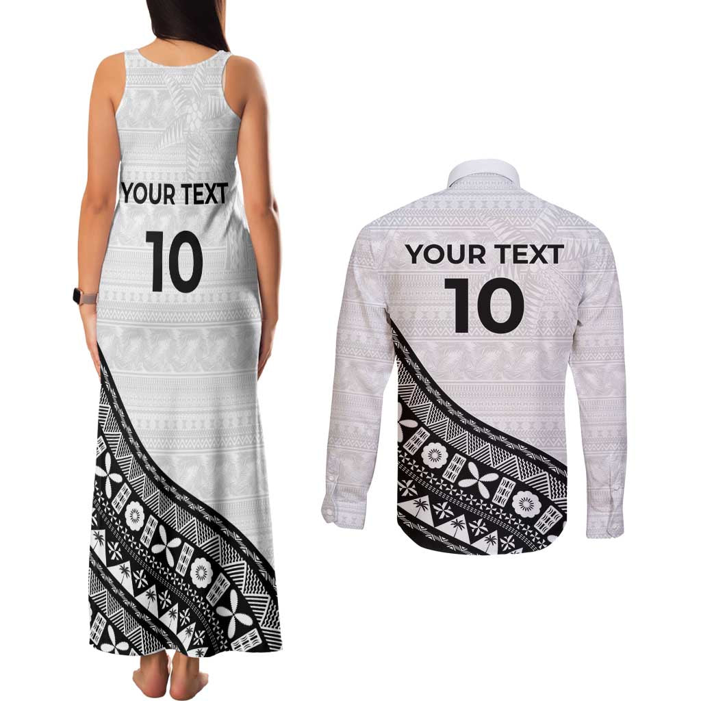 Custom Fijian Rugby Couples Matching Tank Maxi Dress and Long Sleeve Button Shirt Tapa Pattern and Palm Tree Tribal