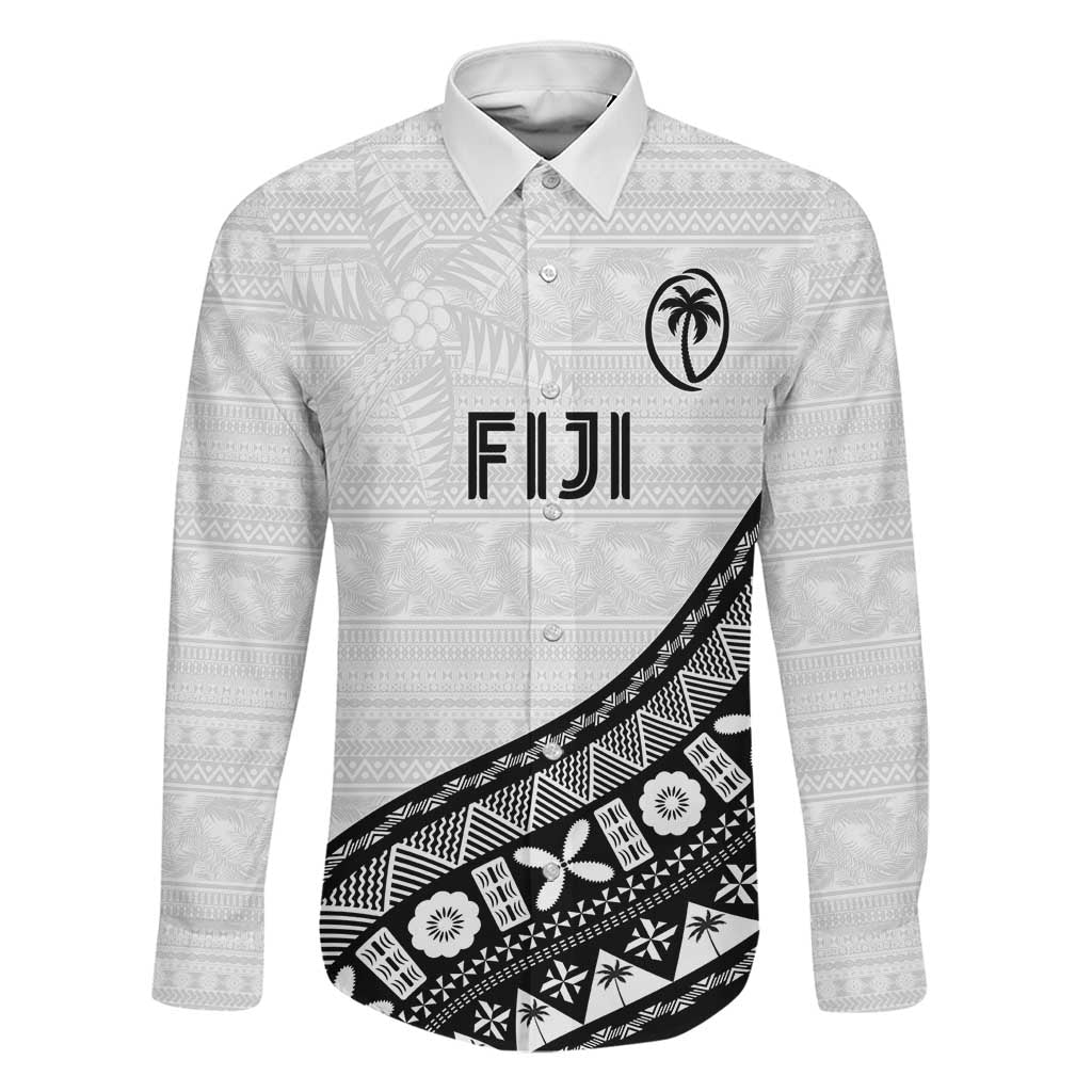Custom Fijian Rugby Family Matching Mermaid Dress and Hawaiian Shirt Tapa Pattern and Palm Tree Tribal LT03 Dad's Shirt - Long Sleeve White - Polynesian Pride