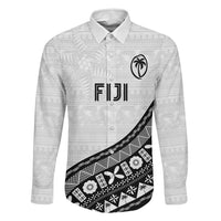 Custom Fijian Rugby Family Matching Mermaid Dress and Hawaiian Shirt Tapa Pattern and Palm Tree Tribal LT03 Dad's Shirt - Long Sleeve White - Polynesian Pride