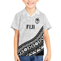 Custom Fijian Rugby Family Matching Off The Shoulder Long Sleeve Dress and Hawaiian Shirt Tapa Pattern and Palm Tree Tribal LT03 Son's Shirt White - Polynesian Pride