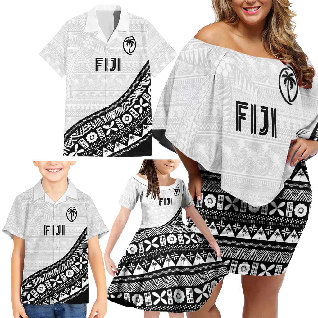 Custom Fijian Rugby Family Matching Off Shoulder Short Dress and Hawaiian Shirt Tapa Pattern and Palm Tree Tribal LT03 - Polynesian Pride