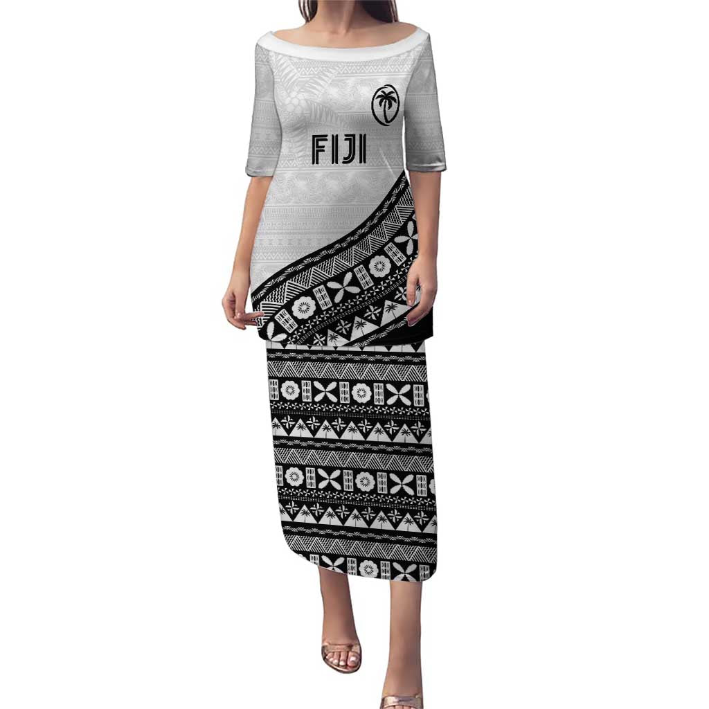 Custom Fijian Rugby Family Matching Puletasi and Hawaiian Shirt Tapa Pattern and Palm Tree Tribal LT03 Mom's Dress White - Polynesian Pride