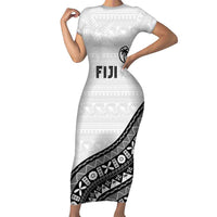 Custom Fijian Rugby Family Matching Short Sleeve Bodycon Dress and Hawaiian Shirt Tapa Pattern and Palm Tree Tribal LT03 Mom's Dress White - Polynesian Pride