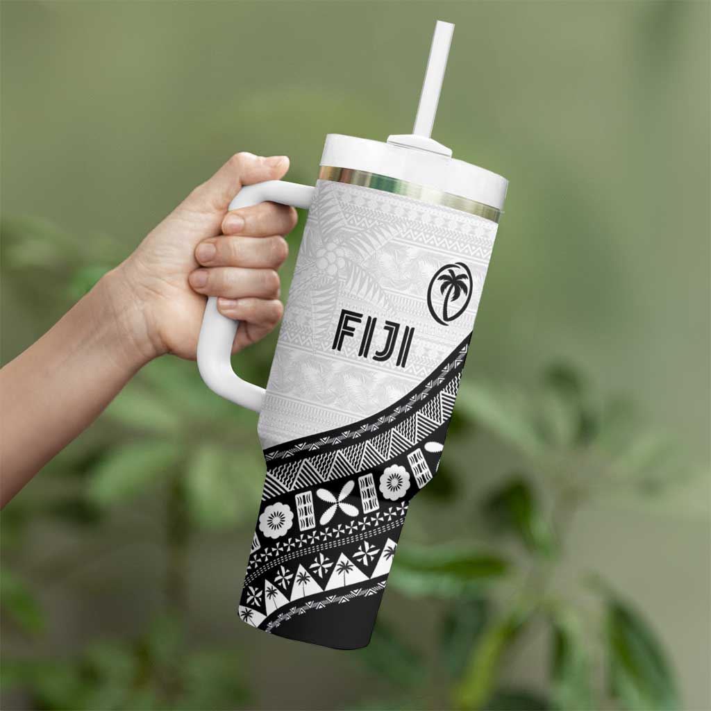 Custom Fijian Rugby Tumbler With Handle Tapa Pattern and Palm Tree Tribal