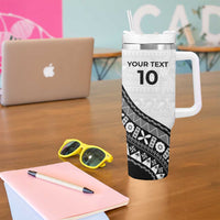 Custom Fijian Rugby Tumbler With Handle Tapa Pattern and Palm Tree Tribal