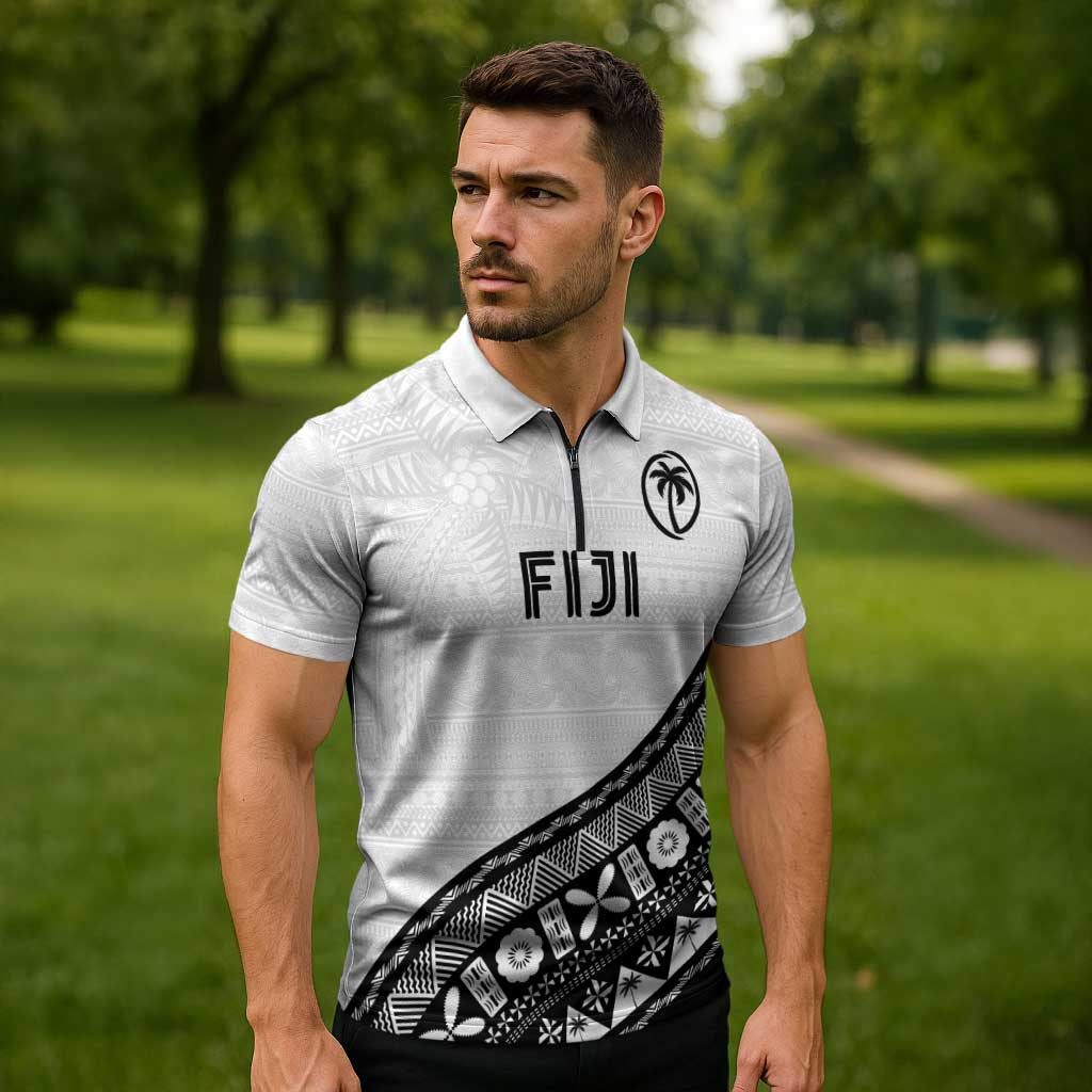 Custom Fijian Rugby Zipper Polo Shirt Tapa Pattern and Palm Tree Tribal