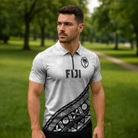 Custom Fijian Rugby Zipper Polo Shirt Tapa Pattern and Palm Tree Tribal
