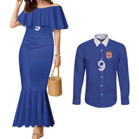 Custom Fijian Football Couples Matching Mermaid Dress and Long Sleeve Button Shirt Tapa Pattern and Shark Tribal LT03 Blue - Polynesian Pride