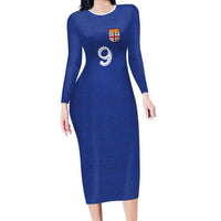 Custom Fijian Football Family Matching Long Sleeve Bodycon Dress and Hawaiian Shirt Tapa Pattern and Shark Tribal LT03 Mom's Dress Blue - Polynesian Pride