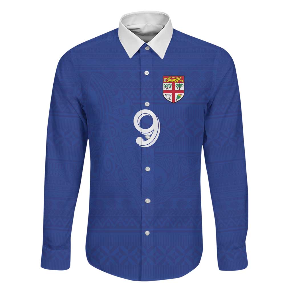 Custom Fijian Football Family Matching Summer Maxi Dress and Hawaiian Shirt Tapa Pattern and Shark Tribal LT03 Dad's Shirt - Long Sleeve Blue - Polynesian Pride