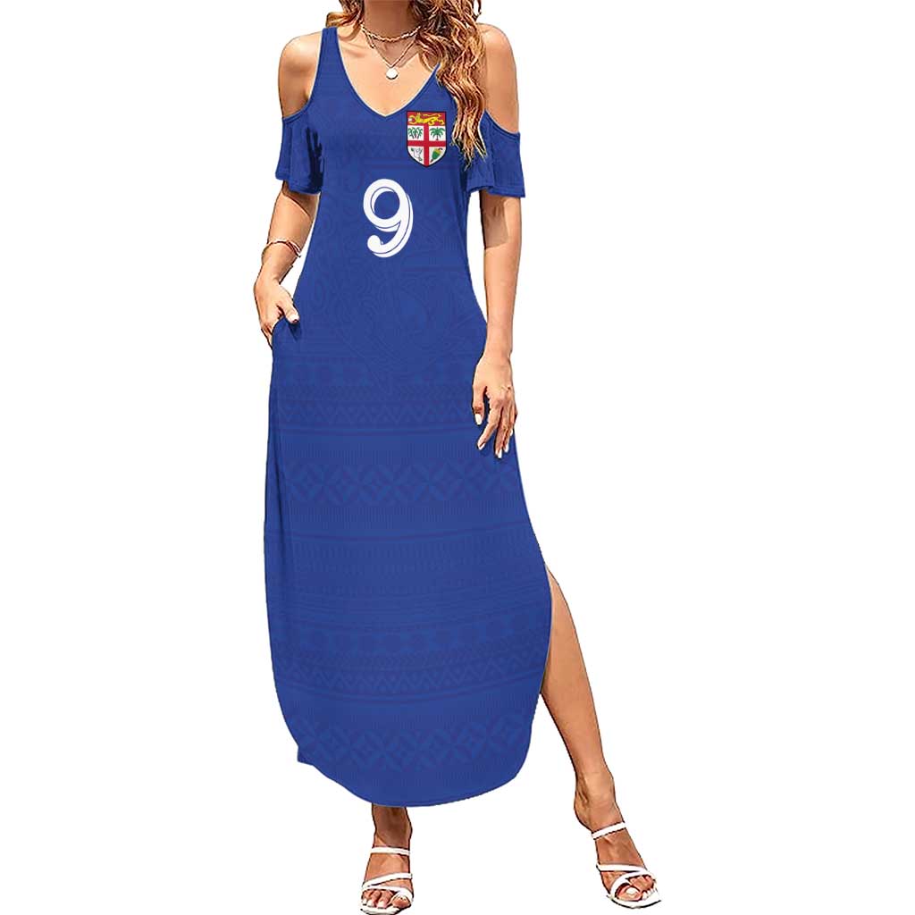 Custom Fijian Football Family Matching Summer Maxi Dress and Hawaiian Shirt Tapa Pattern and Shark Tribal LT03 Mom's Dress Blue - Polynesian Pride