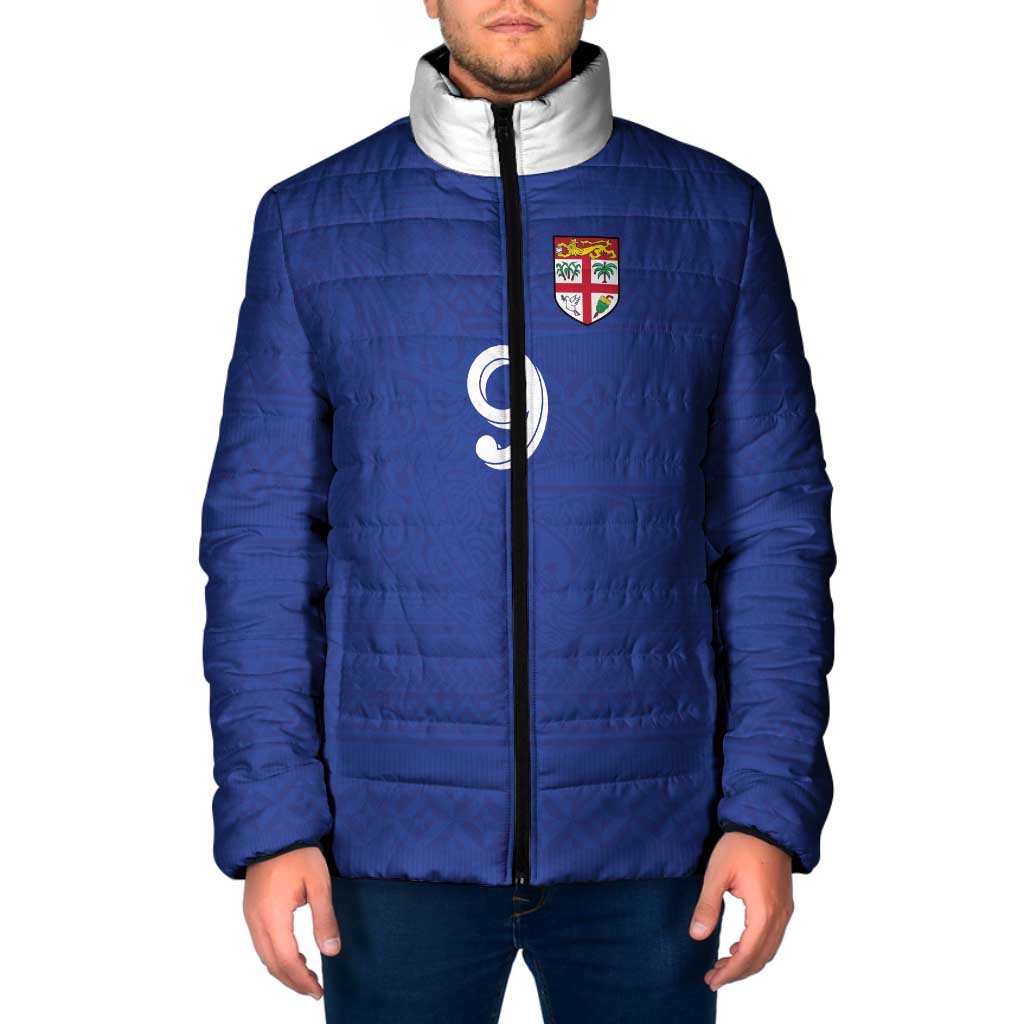 Custom Fijian Football Padded Jacket Tapa Pattern and Shark Tribal LT03 Men Blue - Polynesian Pride