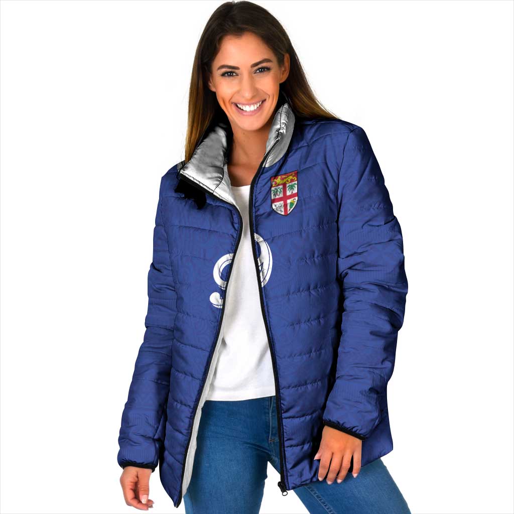 Custom Fijian Football Padded Jacket Tapa Pattern and Shark Tribal LT03 Women Blue - Polynesian Pride