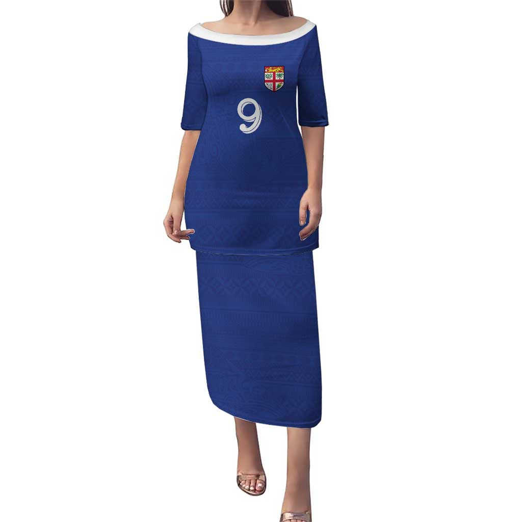 Custom Fijian Football Puletasi Tapa Pattern and Shark Tribal LT03 Long Dress Blue - Polynesian Pride