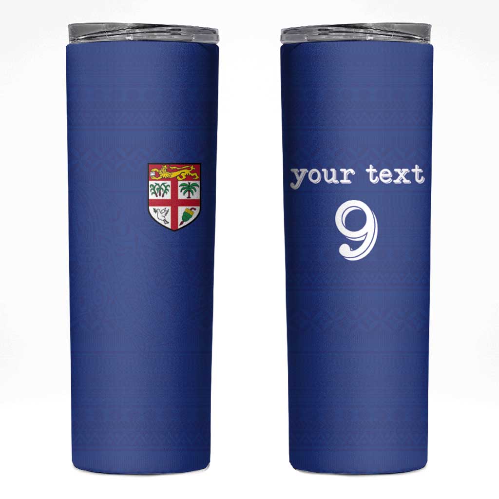 Custom Fijian Football Skinny Tumbler Tapa Pattern and Shark Tribal LT03 Blue - Polynesian Pride