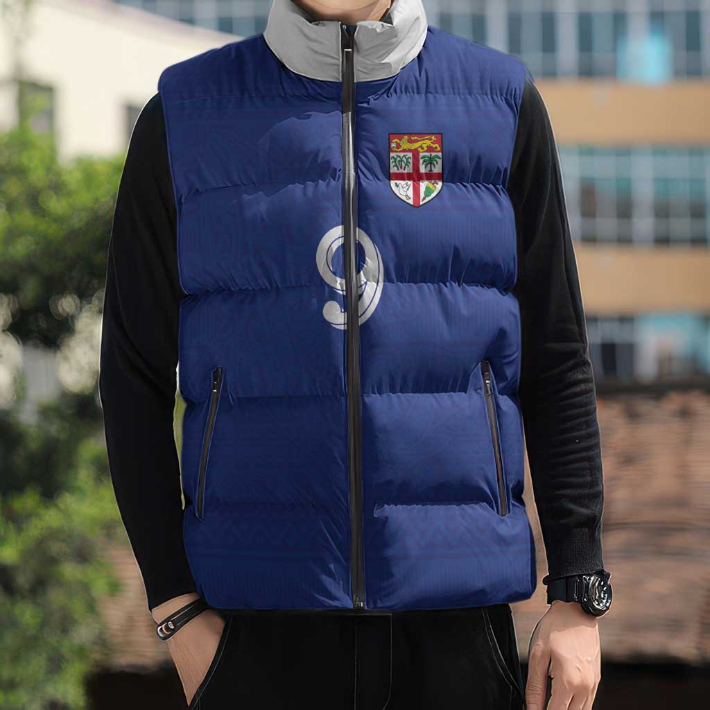 Custom Fijian Football Sleeveless Puffer Jacket Tapa Pattern and Shark Tribal