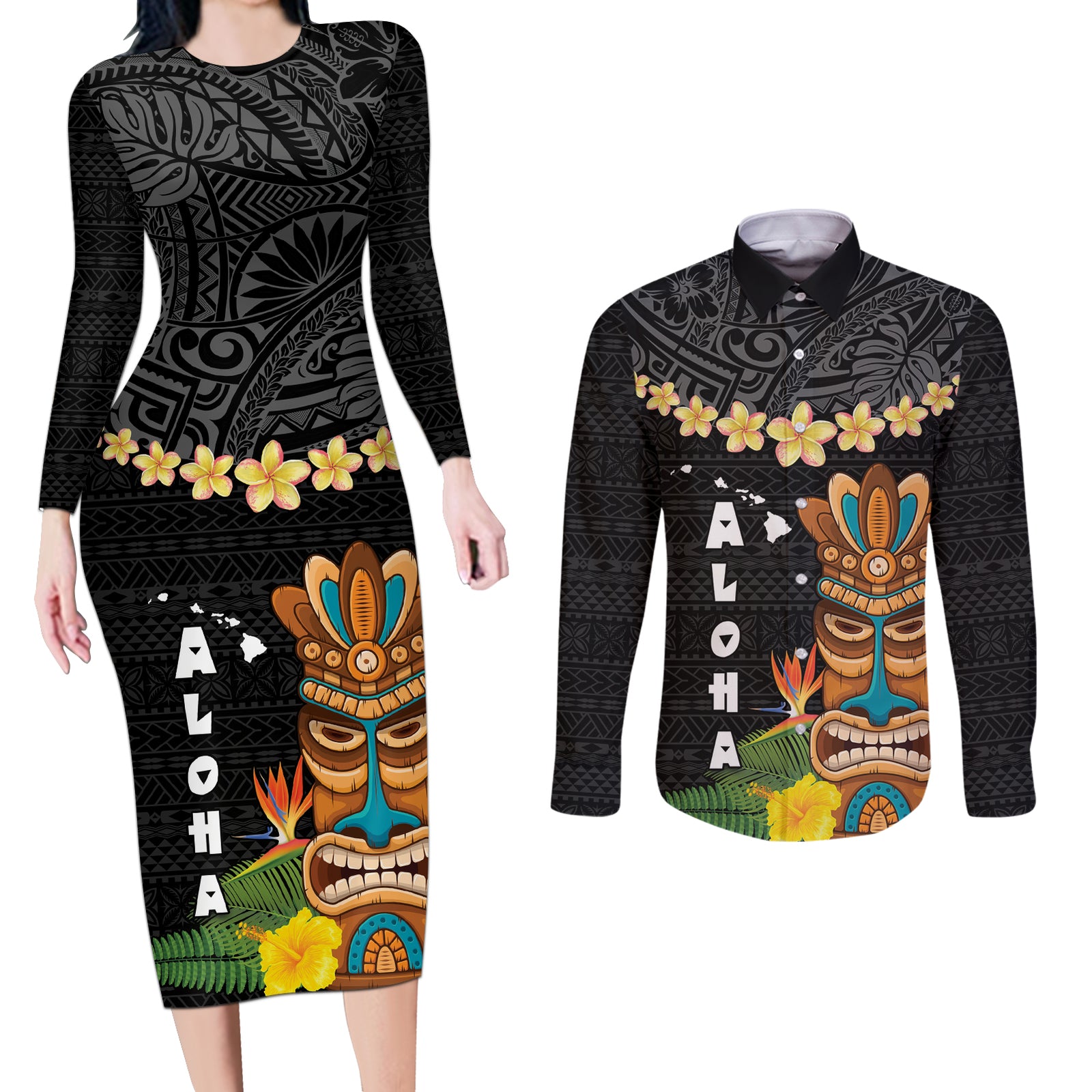 Hawaii Plumeria Lei Couples Matching Long Sleeve Bodycon Dress and Long Sleeve Button Shirt Tiki and Kakau Pattern Black Color