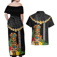 Hawaii Plumeria Lei Couples Matching Off Shoulder Maxi Dress and Hawaiian Shirt Tiki and Kakau Pattern Black Color LT03 - Polynesian Pride
