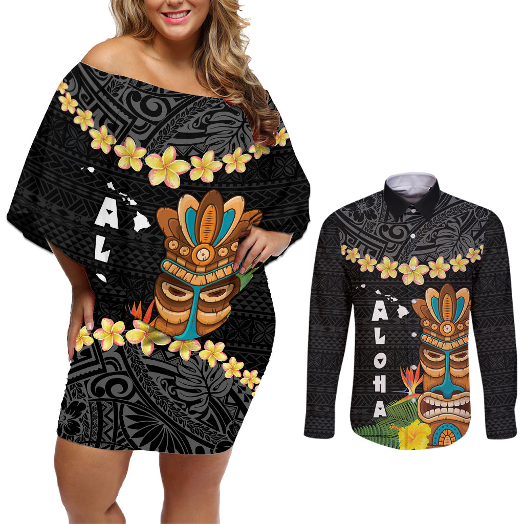 Hawaii Plumeria Lei Couples Matching Off Shoulder Short Dress and Long Sleeve Button Shirt Tiki and Kakau Pattern Black Color