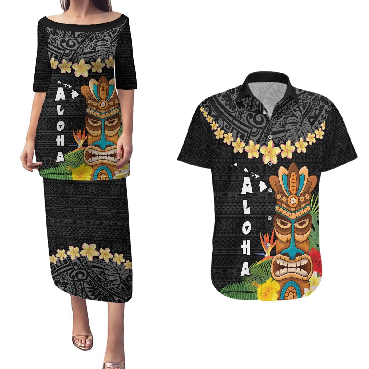 Hawaii Plumeria Lei Couples Matching Puletasi and Hawaiian Shirt Tiki and Kakau Pattern Black Color LT03 Black - Polynesian Pride