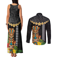 Hawaii Plumeria Lei Couples Matching Tank Maxi Dress and Long Sleeve Button Shirt Tiki and Kakau Pattern Black Color