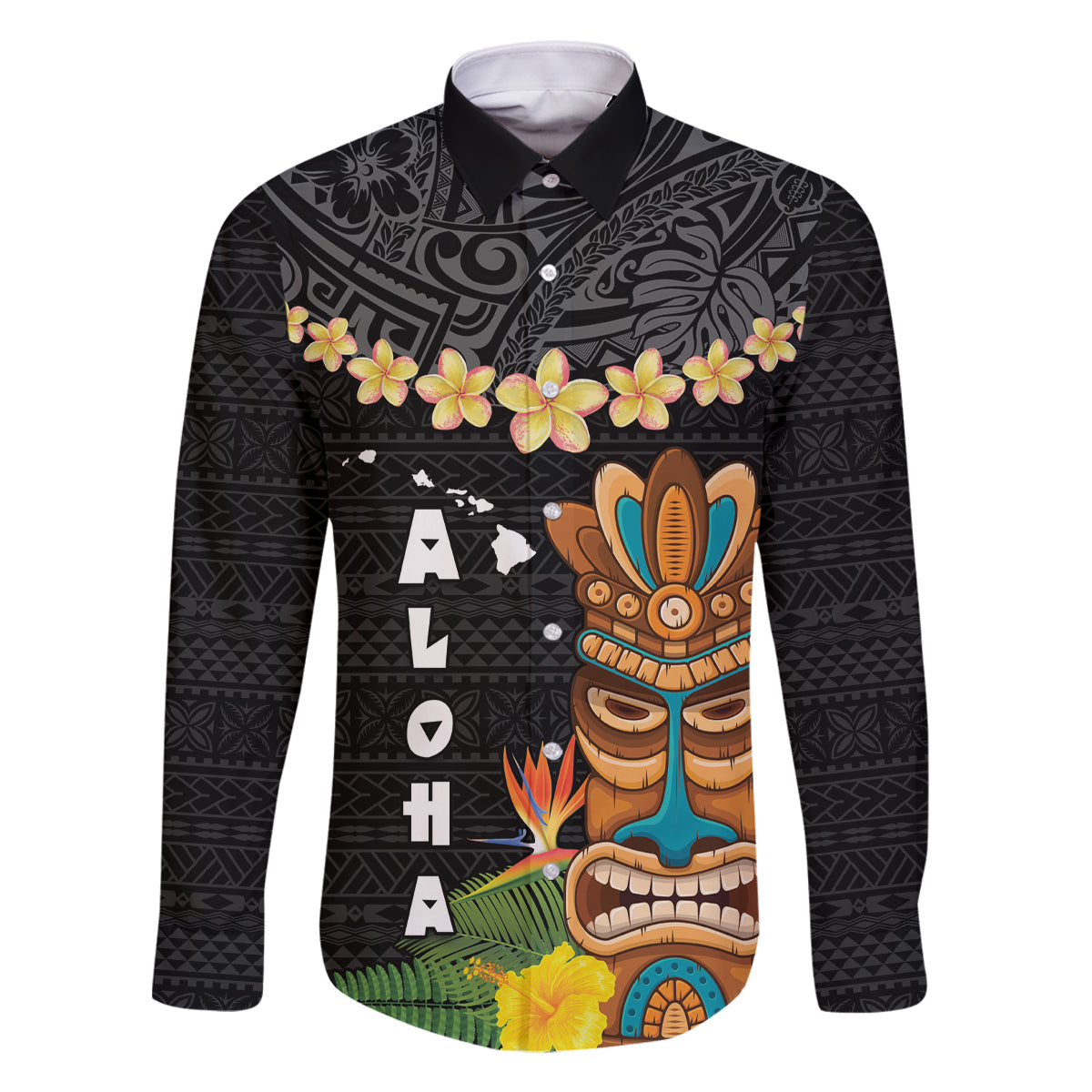 Hawaii Plumeria Lei Family Matching Mermaid Dress and Hawaiian Shirt Tiki and Kakau Pattern Black Color LT03 Dad's Shirt - Long Sleeve Black - Polynesian Pride