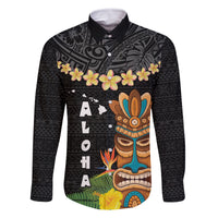 Hawaii Plumeria Lei Family Matching Mermaid Dress and Hawaiian Shirt Tiki and Kakau Pattern Black Color LT03 Dad's Shirt - Long Sleeve Black - Polynesian Pride