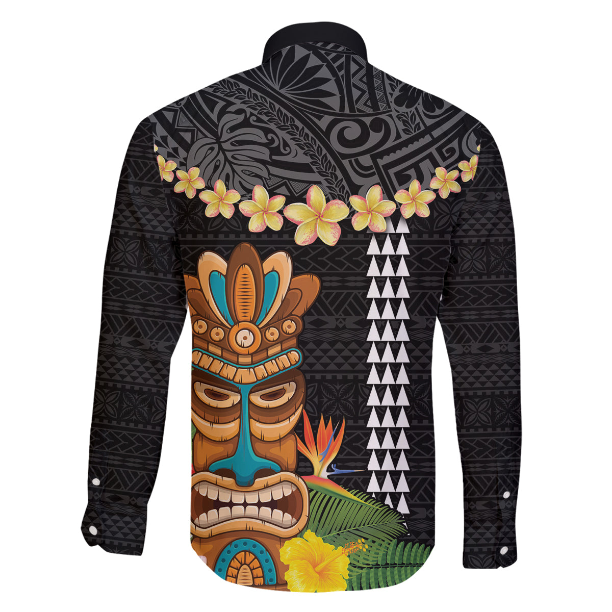 Hawaii Plumeria Lei Family Matching Mermaid Dress and Hawaiian Shirt Tiki and Kakau Pattern Black Color LT03 - Polynesian Pride