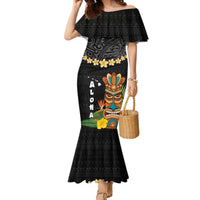 Hawaii Plumeria Lei Family Matching Mermaid Dress and Hawaiian Shirt Tiki and Kakau Pattern Black Color LT03 Mom's Dress Black - Polynesian Pride