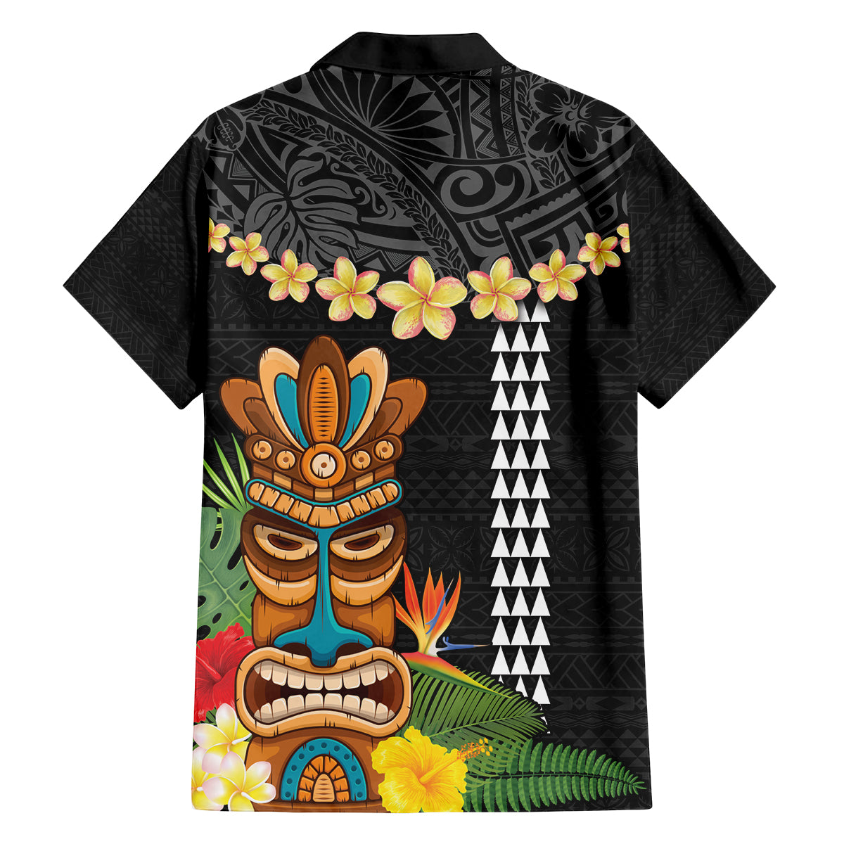 Hawaii Plumeria Lei Family Matching Off Shoulder Short Dress and Hawaiian Shirt Tiki and Kakau Pattern Black Color
