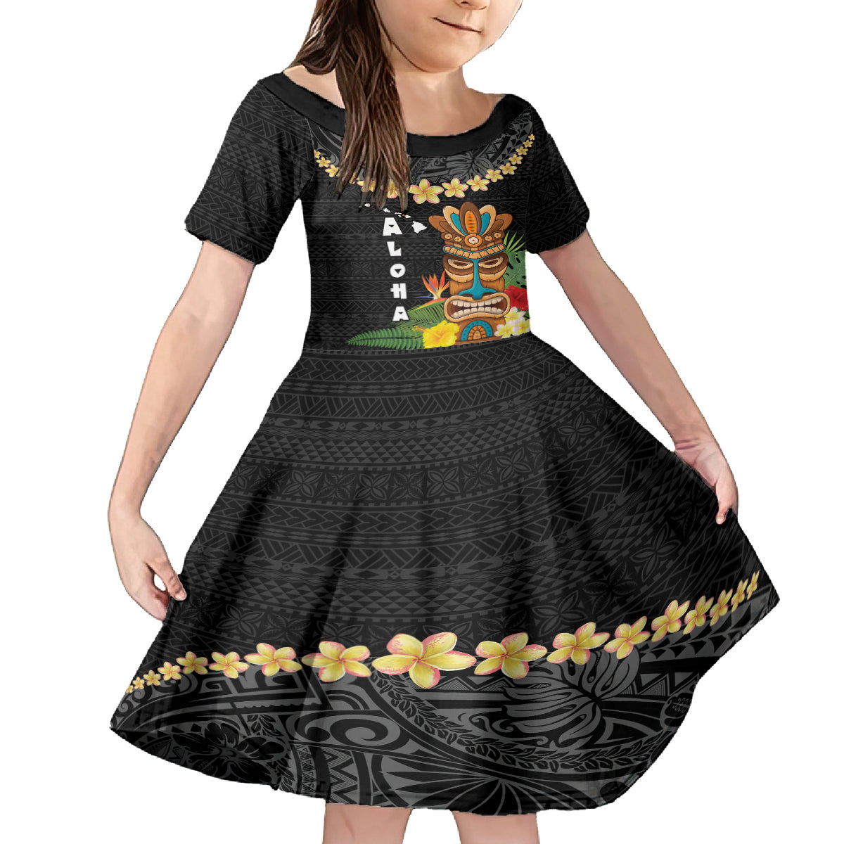 Hawaii Plumeria Lei Family Matching Puletasi and Hawaiian Shirt Tiki and Kakau Pattern Black Color LT03 Daughter's Dress Black - Polynesian Pride